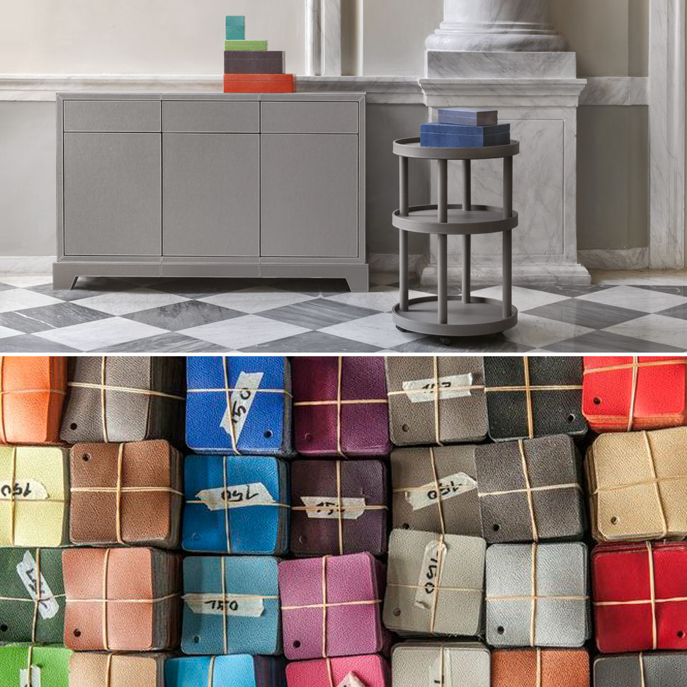 Photos of furniture elements and previews of leather colors and textures. Image with furniture elements and leather samples of various colors.