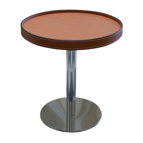 Round table small with structure in stainless steel, top in wood covered in leather - IVAN | Giobagnara