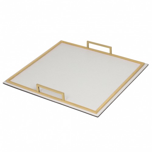 Square tray with metal base covered in leather with brass frame and handles - DEFILE | Giobagnara