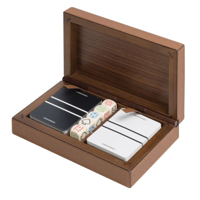 Dice and playing card holder, walnut structure covered in leather - ROYALE | Giobagnara