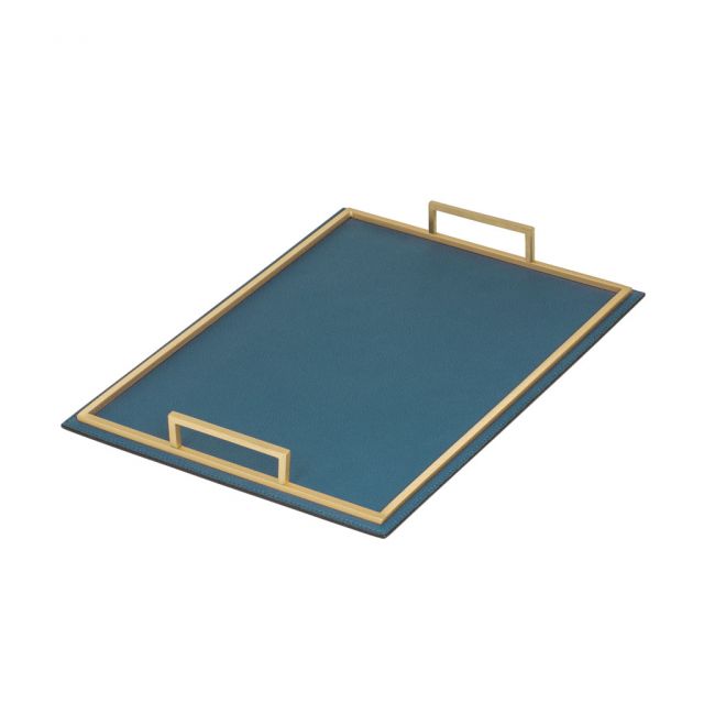 Rectangular tray with metal base covered in leather with brass frame and handles - DEFILE | Giobagnara